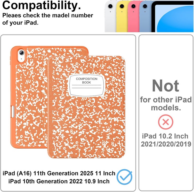 Supveco Case for iPad (A16) 11th Generation 11 inch (2025),iPad 10th Generation 10.9 inch (2022) with Pencil Holder-[Auto Wake/Sleep],Premium Folio Stand Case with Soft TPU Back Cover-Orange Book - Image 2